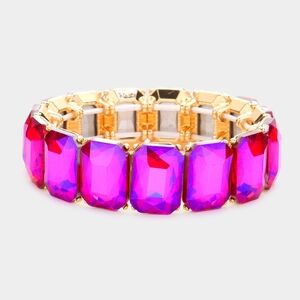 Pink Emerald Cut Crystal Stretch Bracelet 0.75 Inch Evening Wear